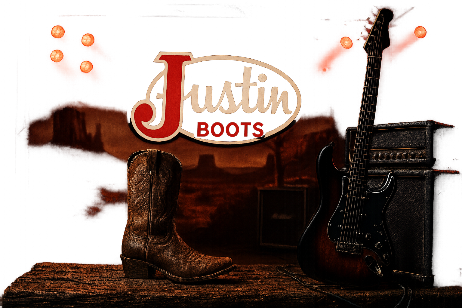 Crea una imagen con el logotipo de justin boots en un contexto western rockero 